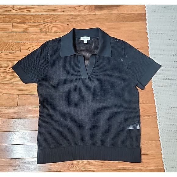 Calvin Klein Open Knit Polo Top Sweater L Black Short Sleeve Preppy Lightweight - Picture 3 of 6